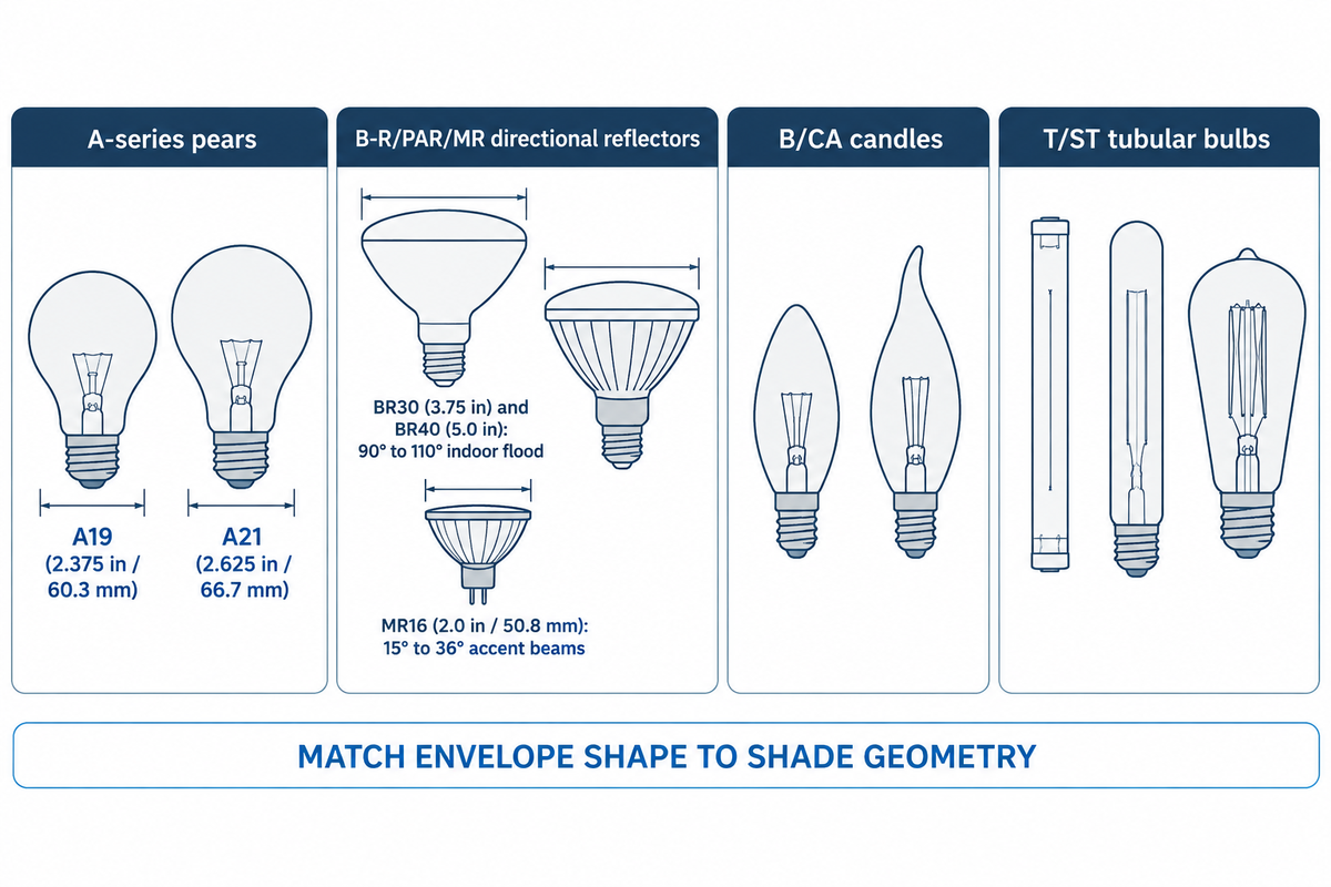 Technical silhouette diagram comparing A-series pear, BR/PAR/MR reflector, B/CA candle, and T/ST tubular bulb shapes