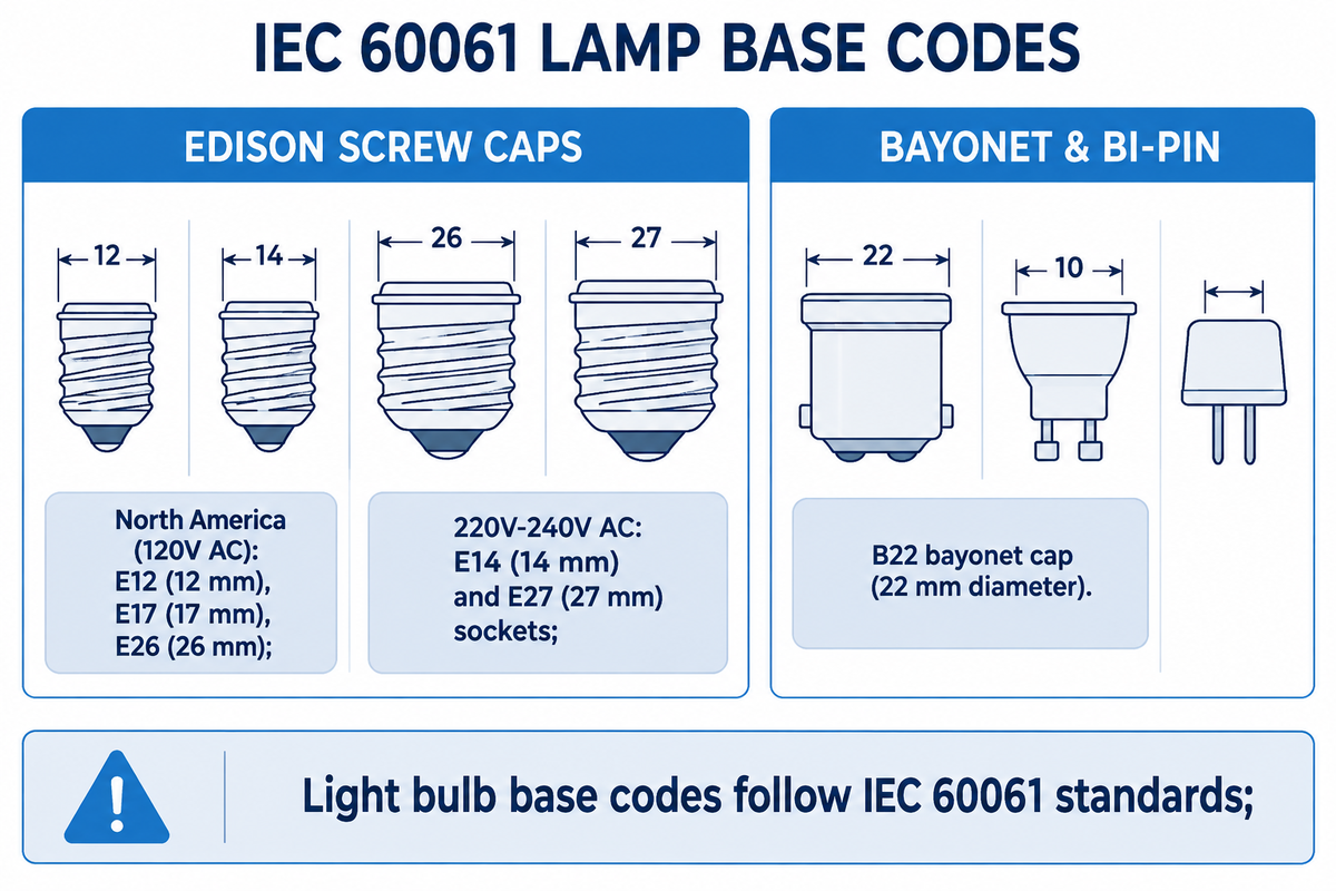 Technical diagram of IEC 60061 light bulb base codes comparing E12, E14, E26, E27 screw bases with GU10, GU5.3, and G9 bi-pin bases