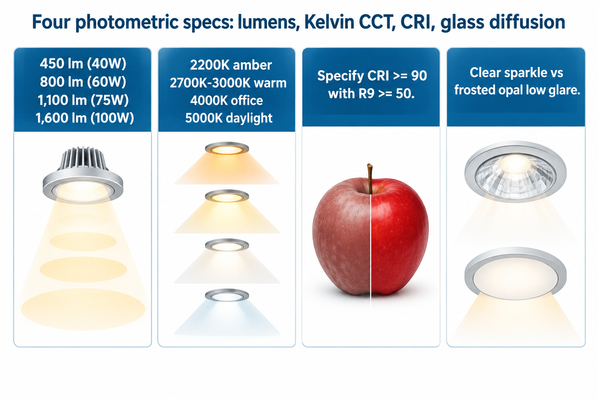 Infographic summarizing lumen output classes, Kelvin color temperature bands, CRI 90+ rendering, and clear versus frosted glass diffusion