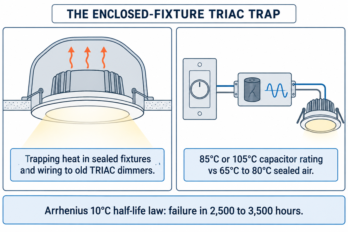 Diagram showing enclosed fixture thermal limits and phase-cut dimmer flicker causes and solutions