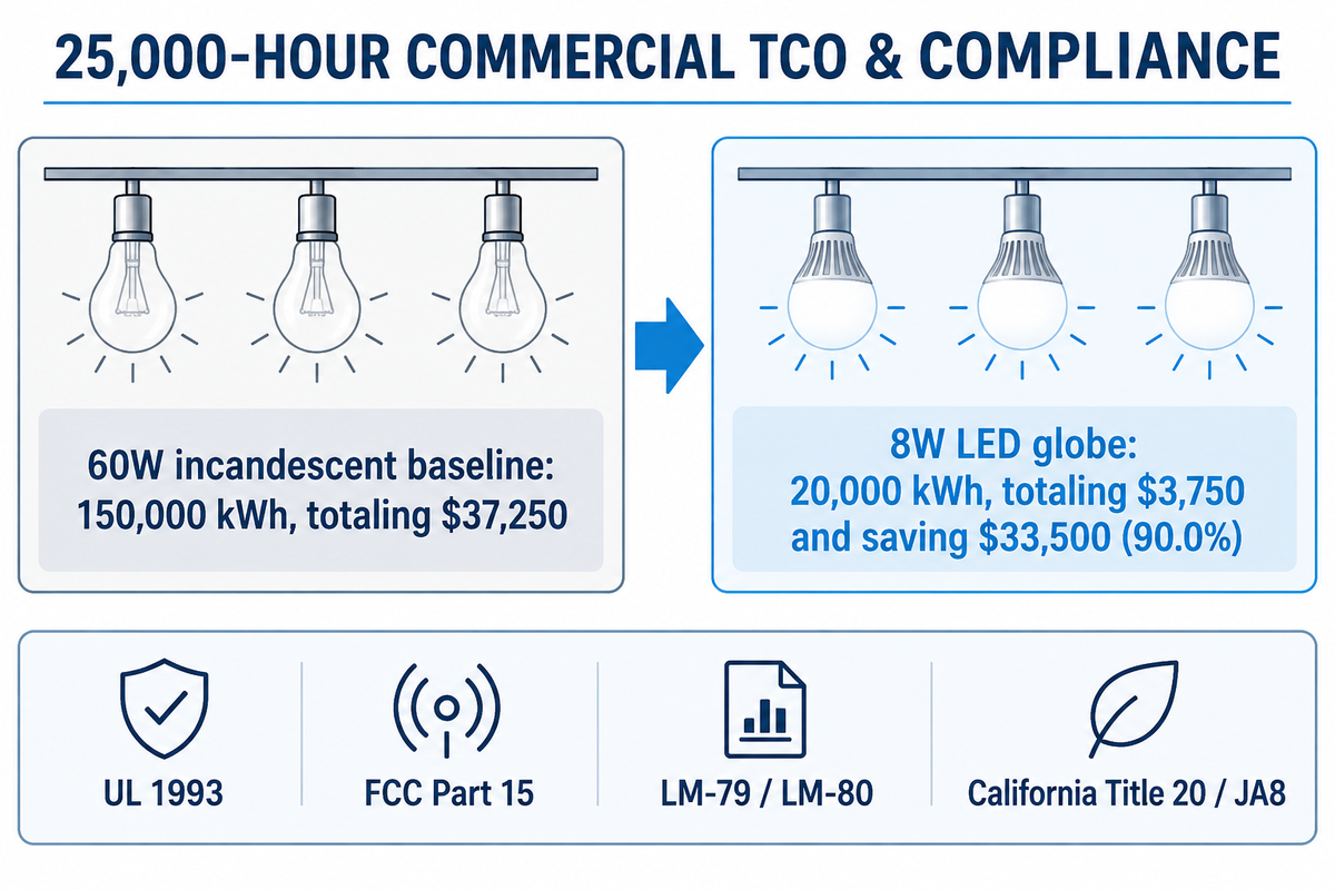 Infographic comparing 25,000-hour commercial TCO between 60W incandescent and 8W LED globes alongside UL 1993 and Title 20 compliance rules