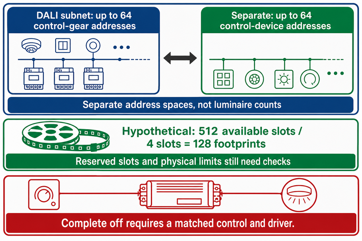 DALI addresses, DMX slot footprints and analog complete-off pairing answer different specification questions.