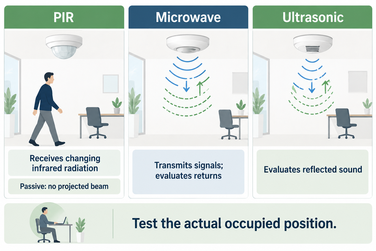 PIR receives infrared changes; microwave and ultrasonic use transmitted signals. Test the actual occupied position.