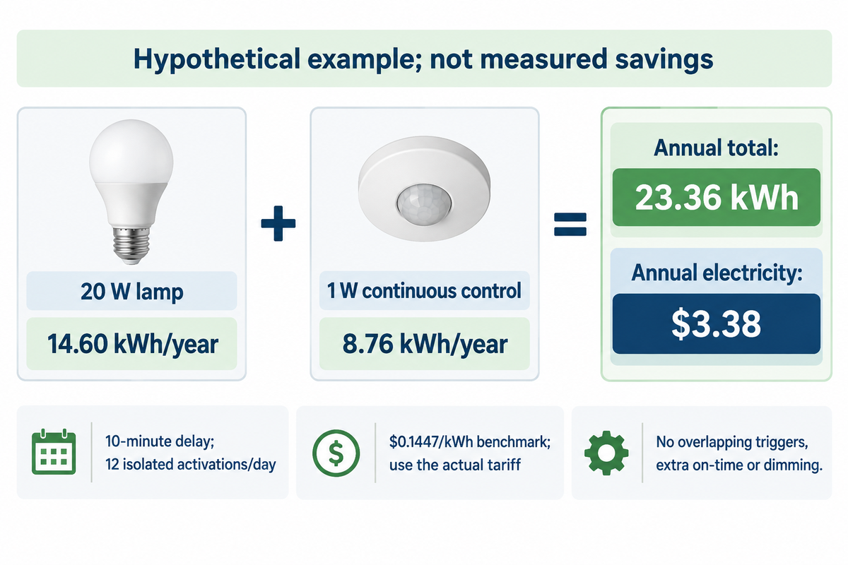 Hypothetical 20 W lamp plus 1 W control at a 10-minute delay: 23.36 kWh and $3.38/year at the stated EIA benchmark.