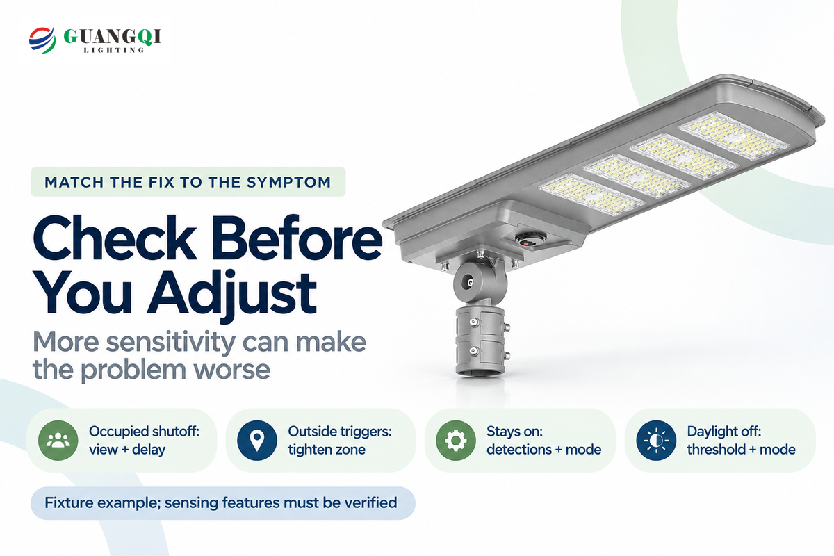 Check view and delay for occupied shutoff, the zone for outside triggers, and control modes for unexpected on/off behavior.