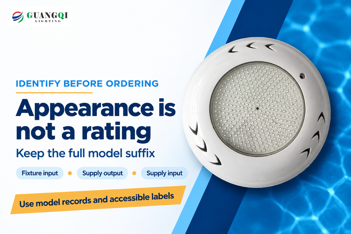 Identify the full fixture model and record fixture input, supply output and supply input separately.