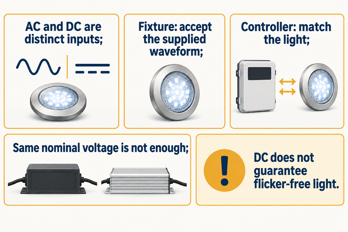 Match the fixture waveform and supported control method; a common voltage label alone is insufficient.