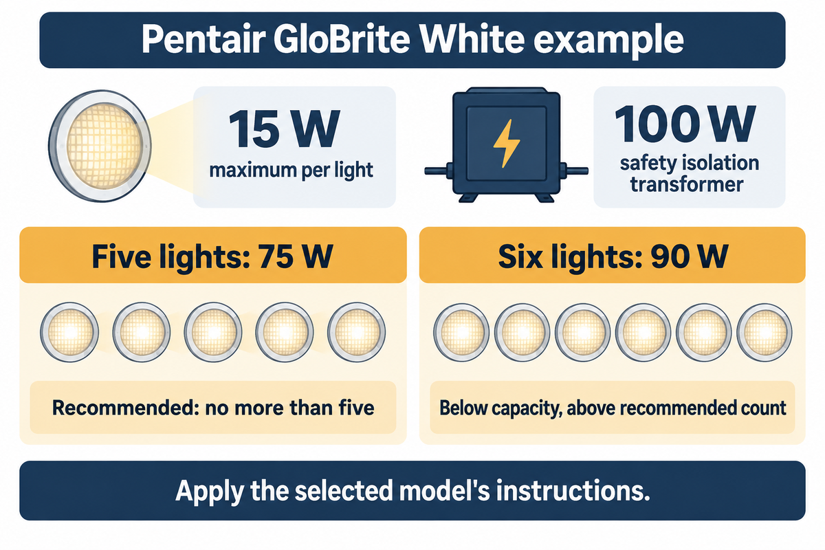 GloBrite White guide: five 15 W lights total 75 W; six total 90 W but exceed its recommended count on 100 W.