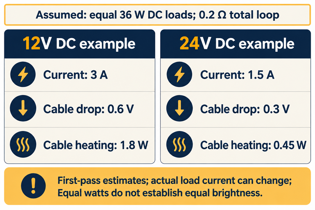 Assumed 36 W DC and 0.2 ohm loop: 24V quarters cable heating versus 12V; Ohm law first-pass model, not a design.