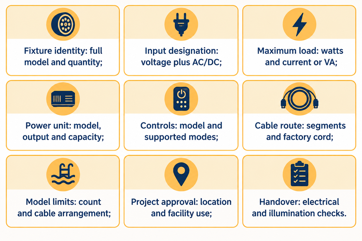 Nine procurement fields connect fixture, supply, controls, cable, model limits and project handover.