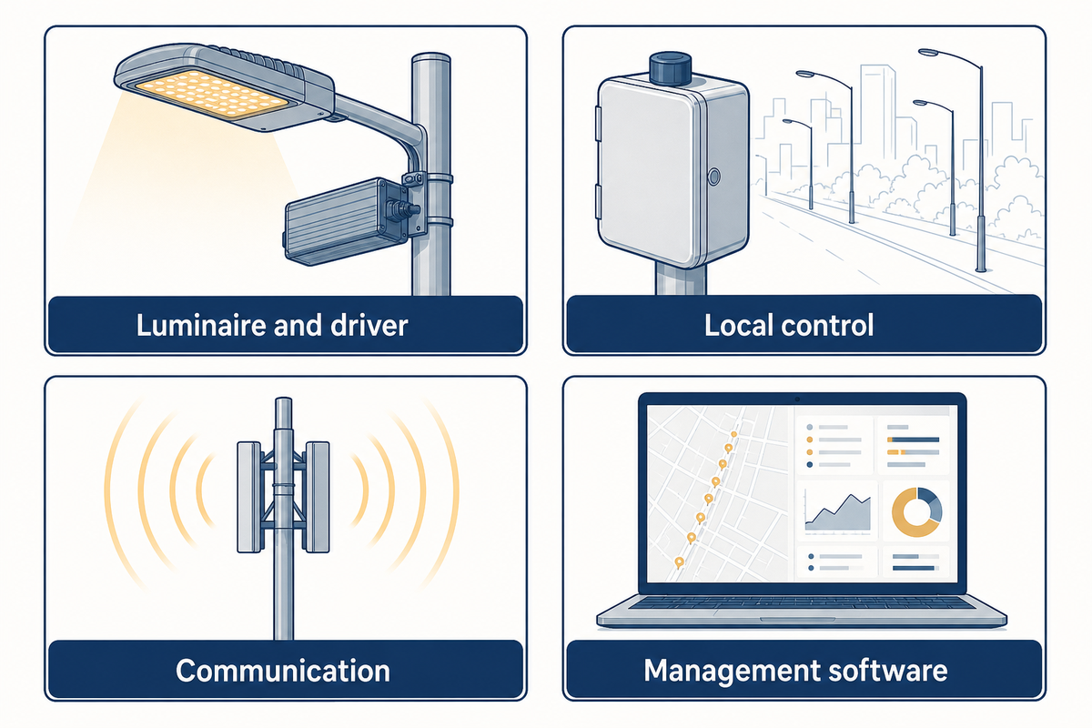 Four system roles: luminaire and driver, local control, communication and management software.