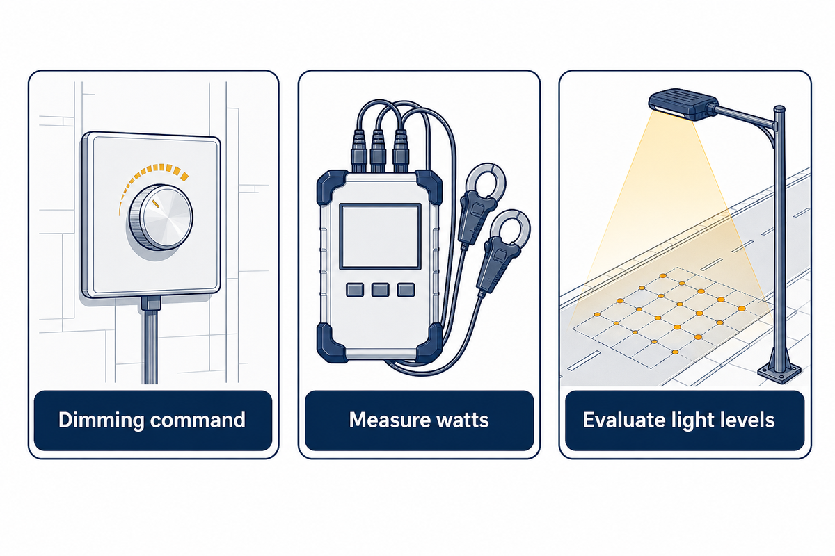 Dimming commands, measured watts and evaluated light levels are separate checks.