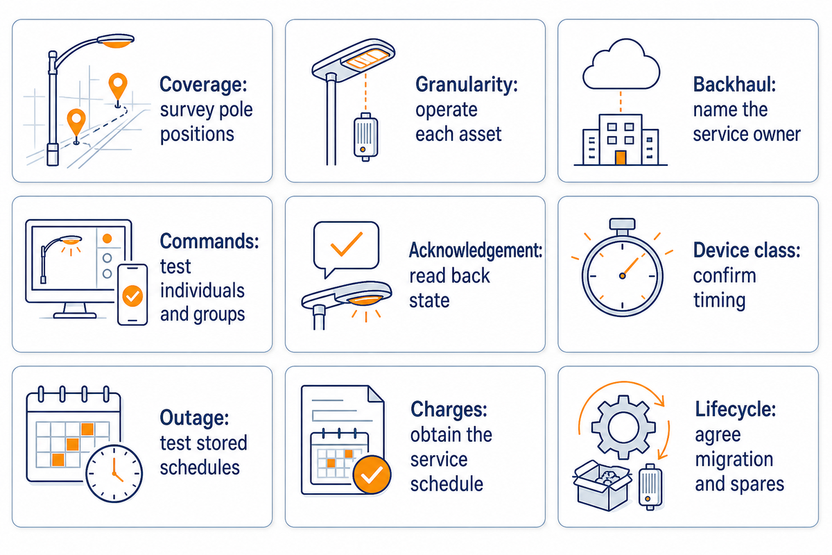Nine evidence requests for comparing street-light networks, from pole coverage through service ownership.