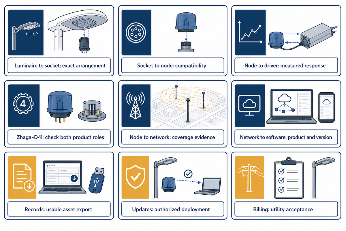 Nine handoffs from luminaire socket through control, network, data, updates and utility billing.