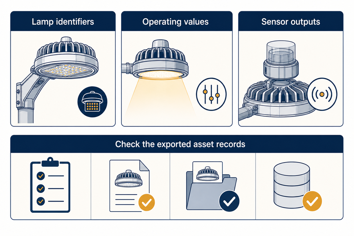 Ask which lamp identifiers, operating values and sensor outputs reach exportable asset records.