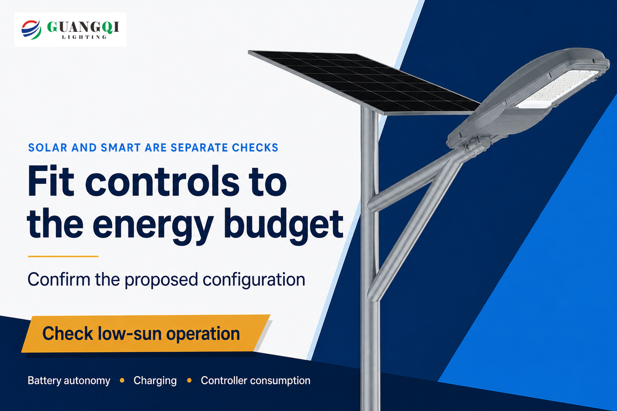 Solar street-light controls require separate battery autonomy, charging and controller-consumption checks.