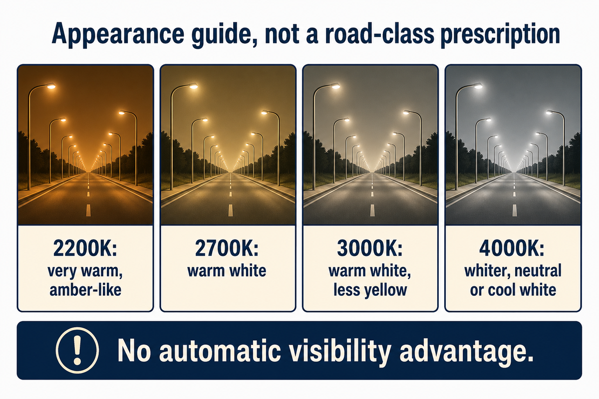 2200K to 4000K appearance comparison, with no automatic visibility advantage; DOE color and spectrum.
