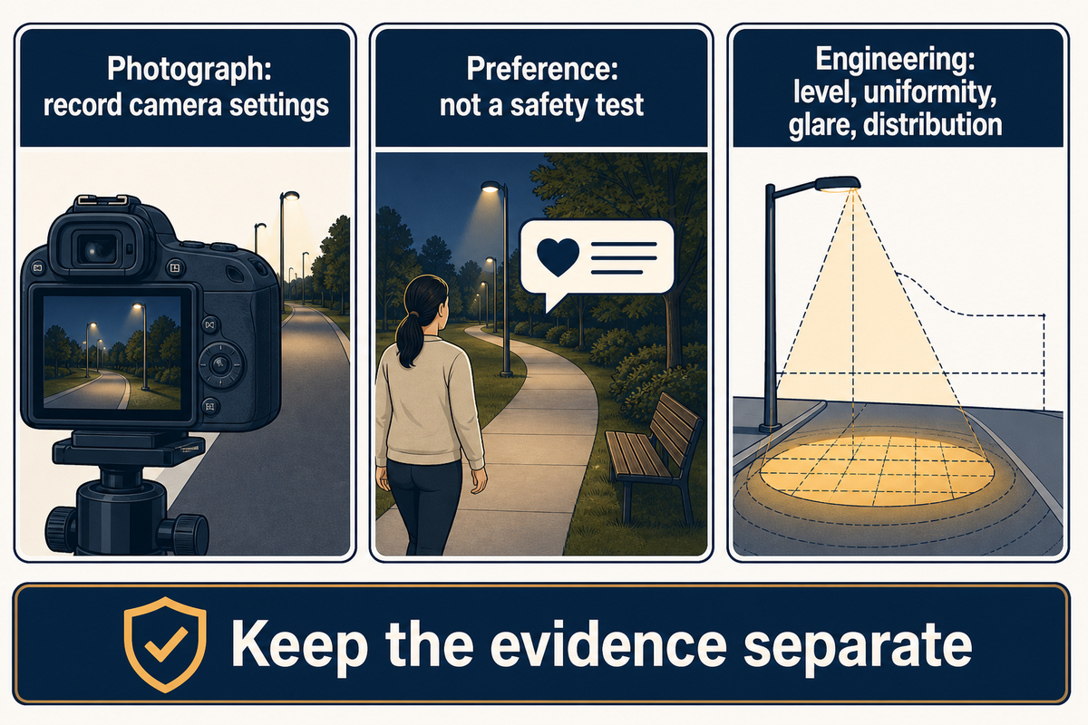 Photos and preference votes cannot replace engineering checks; FHWA driver research and Nikon white-balance guidance.