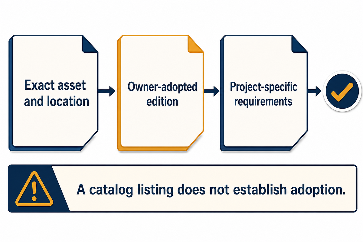 Confirm asset, location and adopted edition; the IES catalog lists publications, not project adoption.