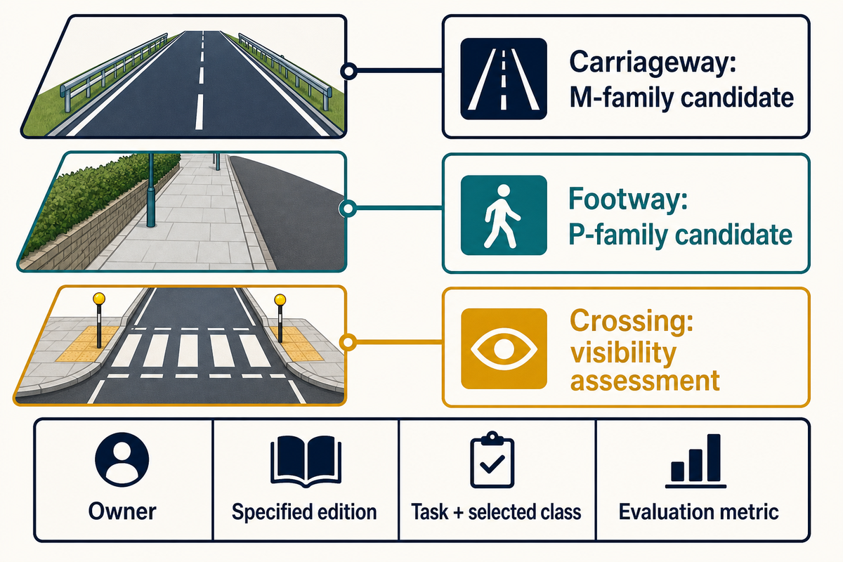 Carriageways, footways and crossings need separate visual-task decisions; CIE 115:2010 and FHWA crossing guidance.