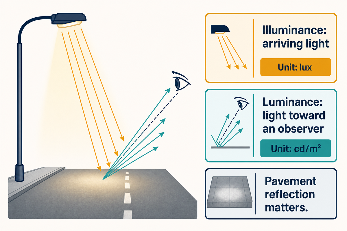 Illuminance reaches a surface; luminance describes its appearance from a viewing direction; Fotios and Gibbons.
