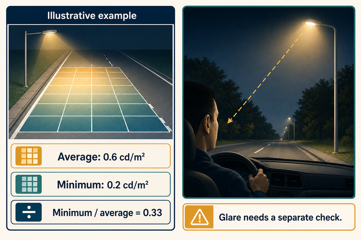 Illustrative minimum-to-average ratio: 0.2 divided by 0.6 equals 0.33; separate glare review; FHWA vision chapter.