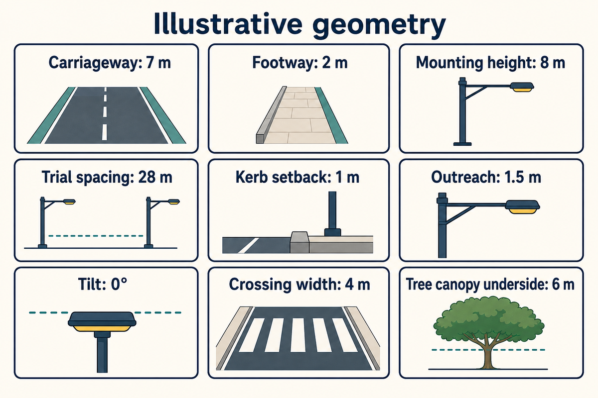 Survey geometry, obstructions and evaluation grids before testing pole spacing; FHWA roadway-lighting review.