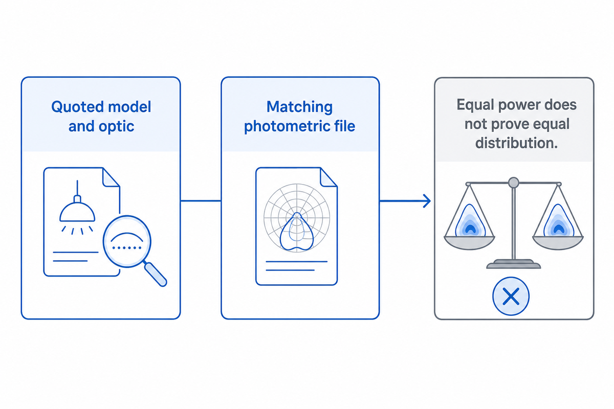 Match the quoted model and optic to the calculation file; equal power does not prove equal distribution; FHWA.