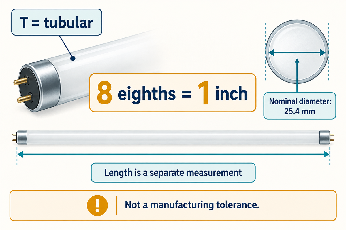 T8 names a nominal diameter, not tube length or a manufacturing tolerance.