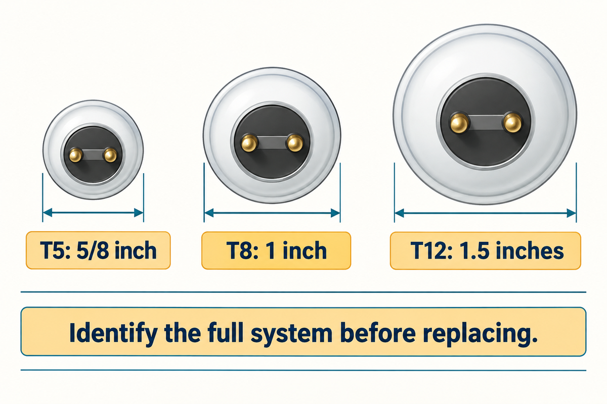 T5, T8 and T12 identify diameters; a matching size does not approve a lamp swap.