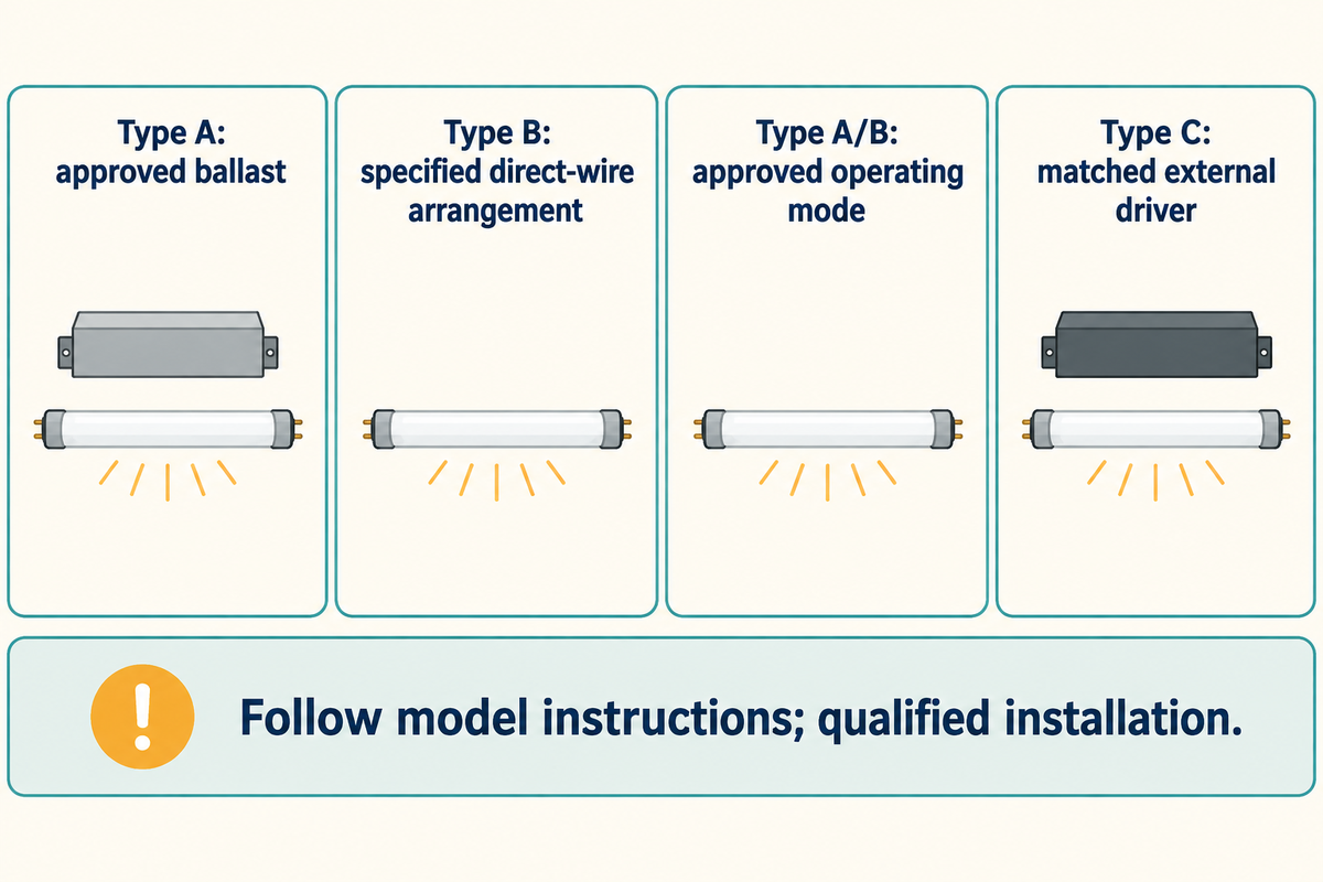 LED tube operating types require different approved equipment combinations.