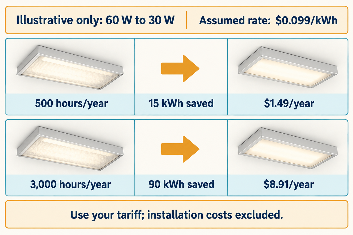 At the stated hypothetical 60-to-30 W change, annual operating hours change energy savings.