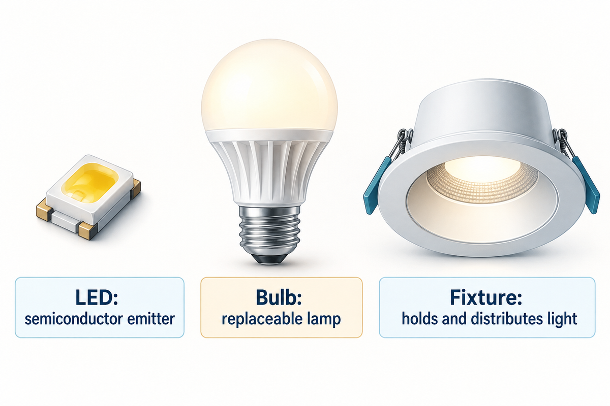 An LED emitter, replaceable bulb and fixture describe different assemblies (U.S. Department of Energy).