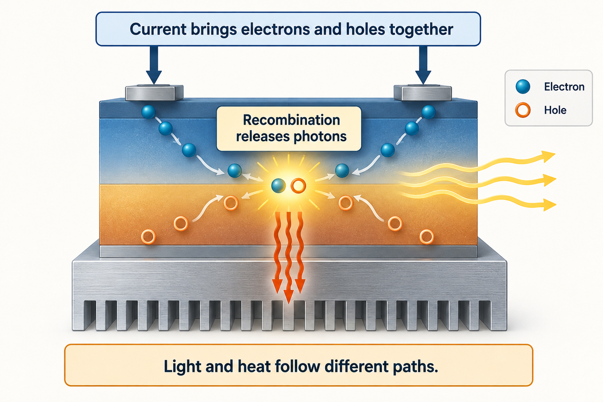 Electron-hole recombination releases photons while heat follows a separate path (Florida State University; DOE).