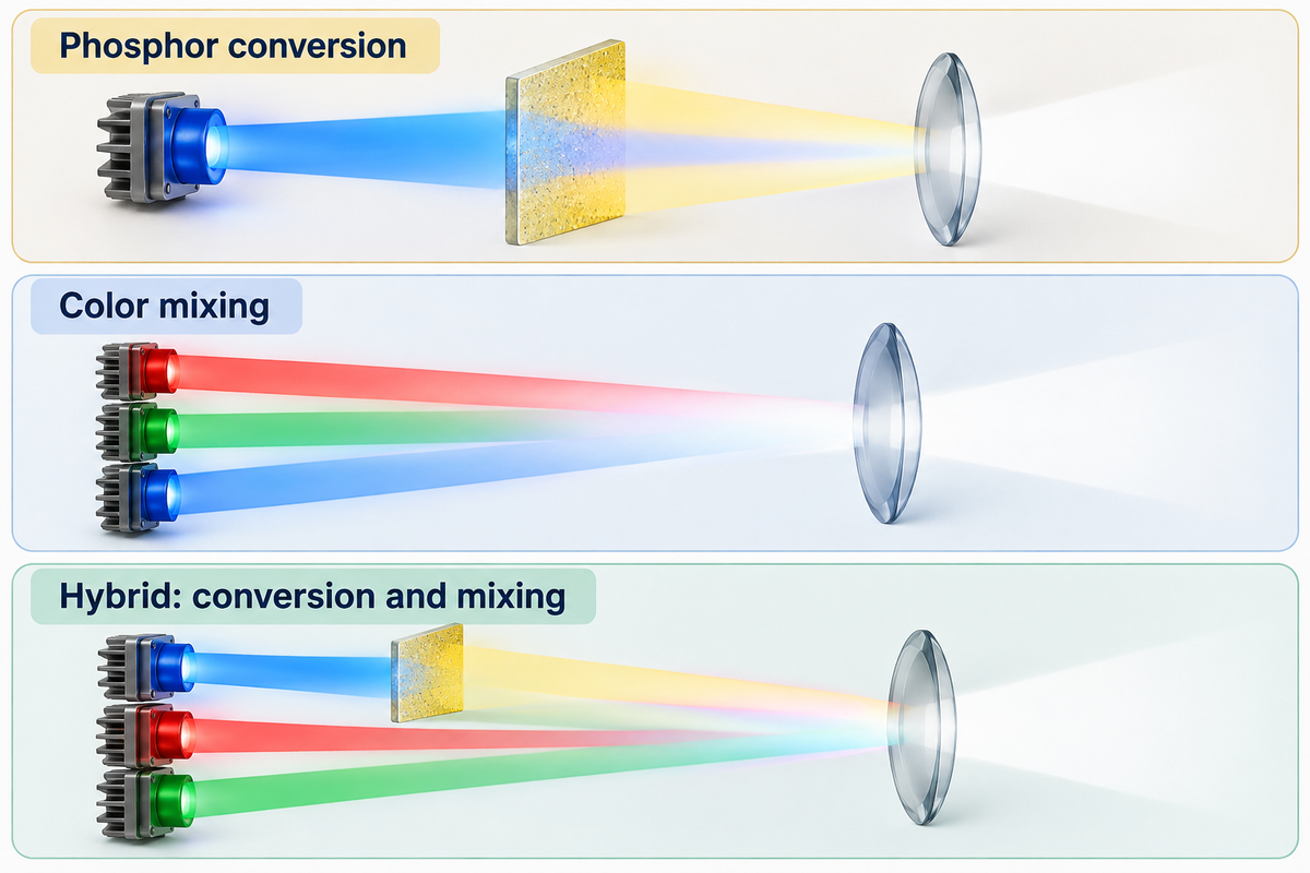 White LED light uses phosphor conversion, color mixing or hybrid systems (U.S. Department of Energy).