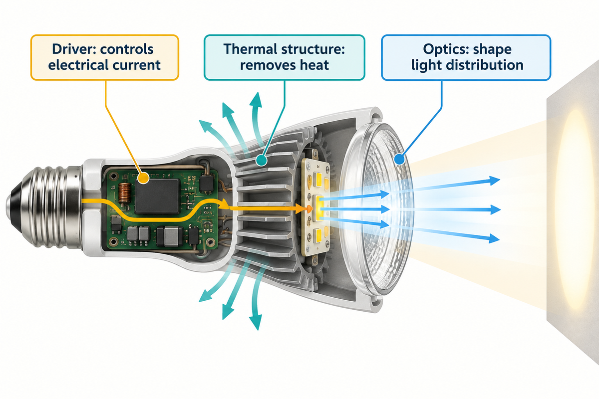 A complete LED lamp controls electricity, light distribution and heat (U.S. Department of Energy).