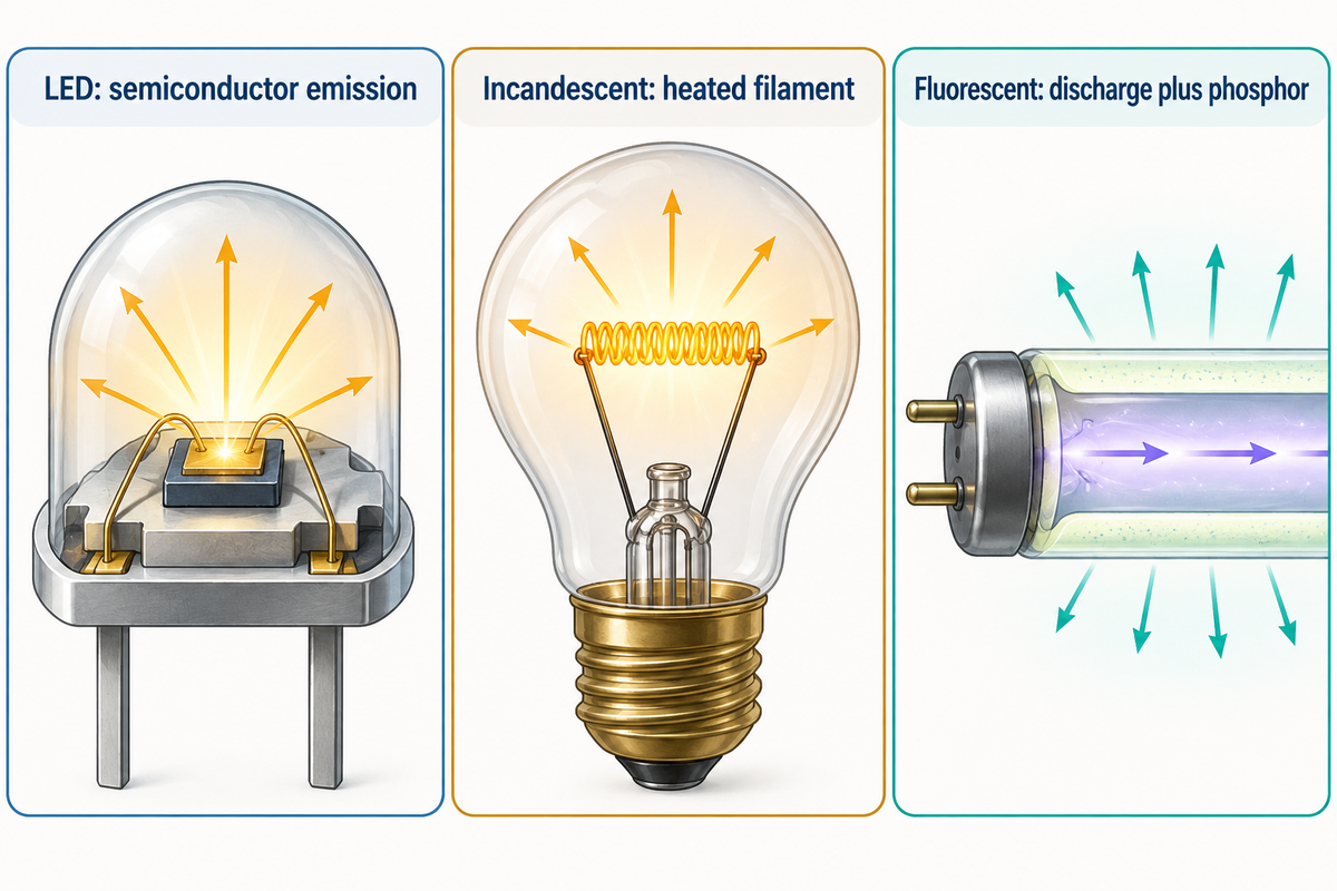 LED emission, a hot filament and phosphor-coated discharge produce light differently (ENERGY STAR).