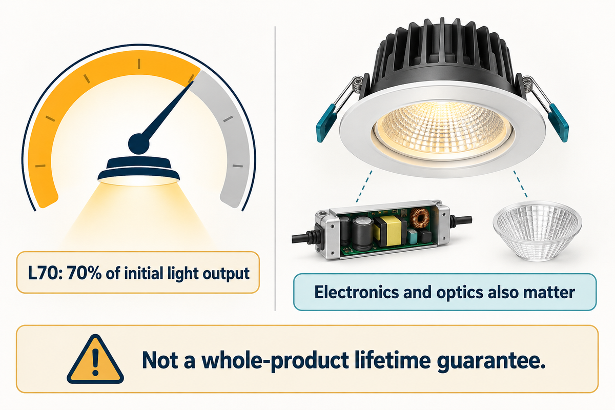 L70 means 70% of initial light output, not a whole-luminaire lifetime guarantee (IES PS-10-18).