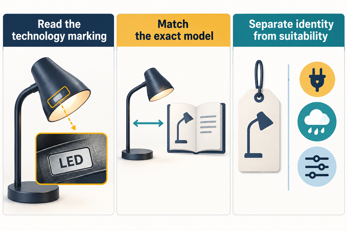 Identify LED technology from markings and model documents, then assess suitability separately (FTC; FDA).